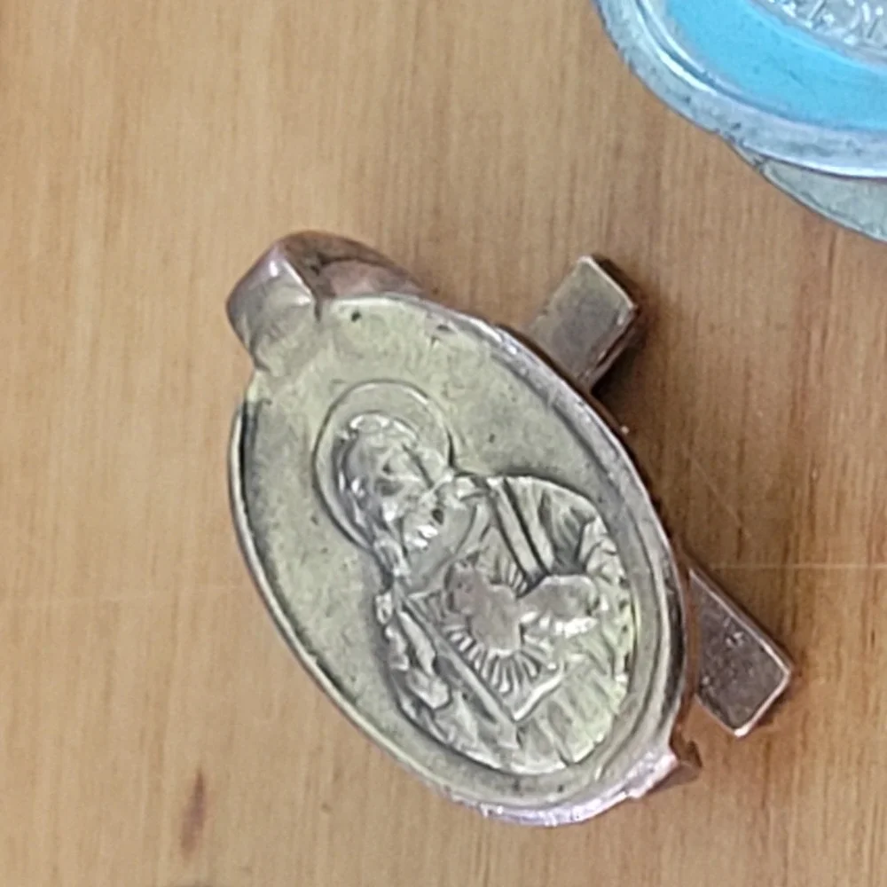 Vintage Religious Medal Charm Pin Lot Cross Saint Heart Pendant 3 Pcs